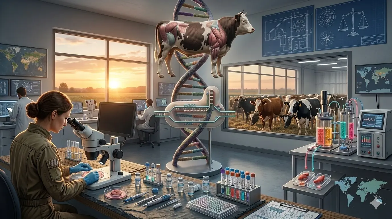 Animal Biotechnology illustration showing gene editing schematics, DNA helix, transgenic livestock, cloned embryos, and bioengineered organs representing scientific innovation and ethical responsibility in animal biotechnology.