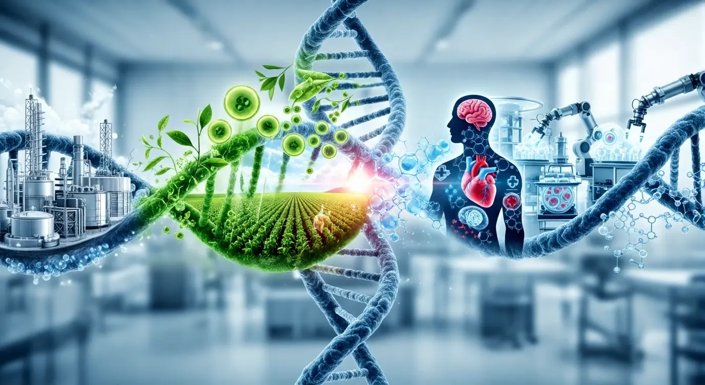 Illustration of biotechnology branches showing DNA helix connected to agriculture, medicine, industrial, and environmental applications.