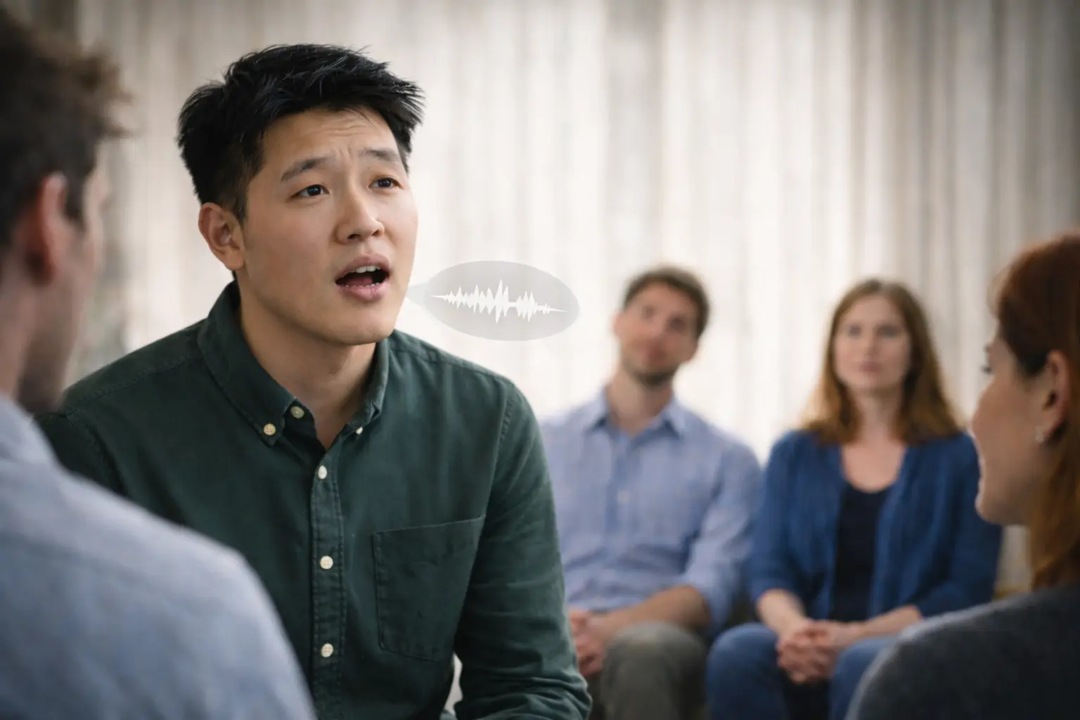 Young adult experiencing speech hesitation while speaking in a group setting, illustrating the question of whether stuttering is classified as a disability.
