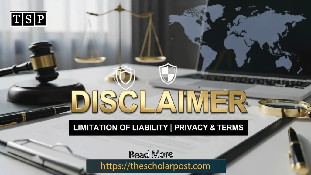 Bold gold DISCLAIMER text with a legal gavel, scales of justice, and shield symbol on a digital workspace featuring a world map, representing limitation of liability, privacy policy, and terms and conditions.