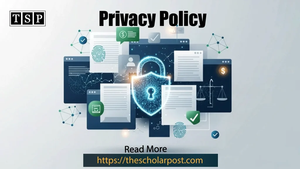 Illustration of The Scholar Post privacy policy, showing secure data protection, GDPR and CCPA compliance, and responsible handling of personal information.
