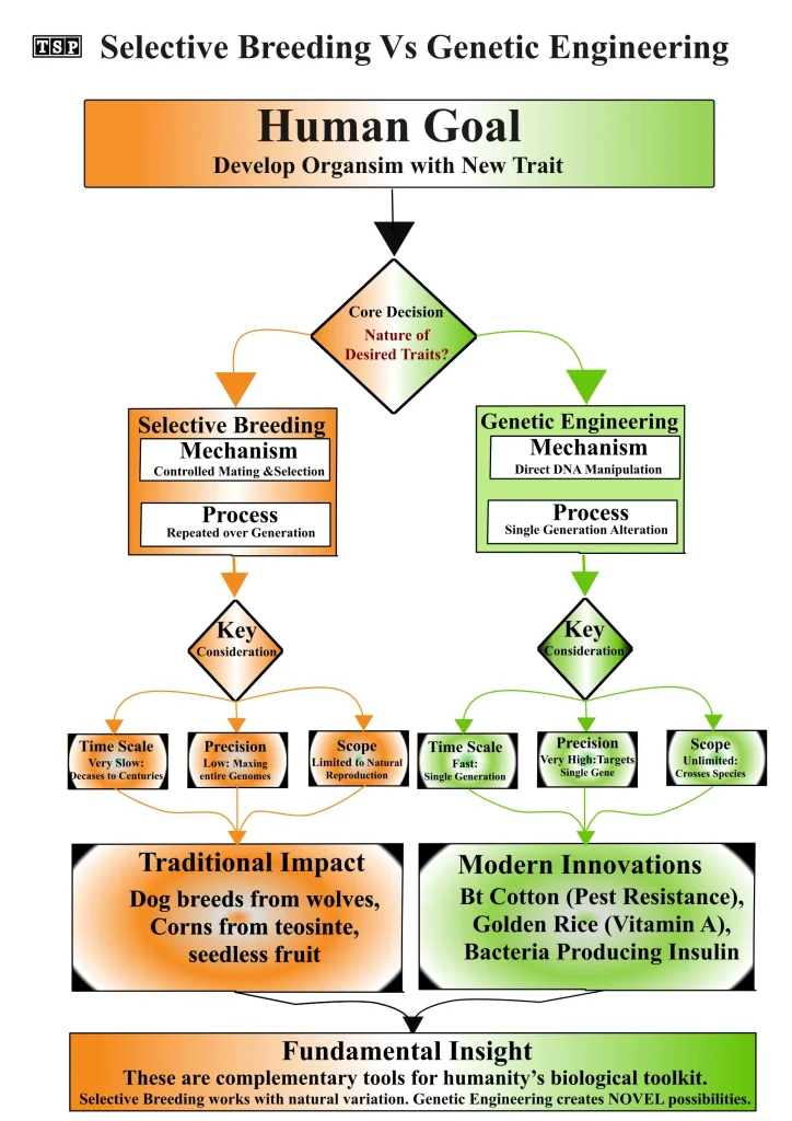 Infographic comparing Selective Breeding and Genetic Engineering, highlighting the differences between the two methods of altering traits in plants and animals.