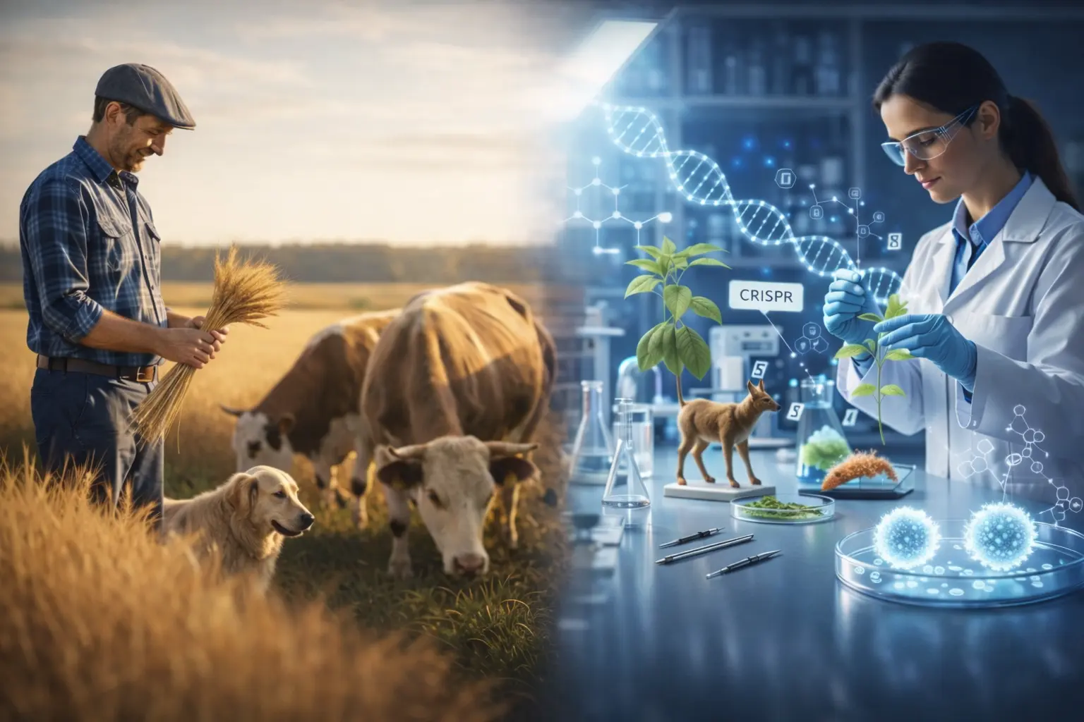 Selective breeding vs genetic engineering comparison showing traditional livestock farming and modern CRISPR DNA editing in a biotechnology laboratory