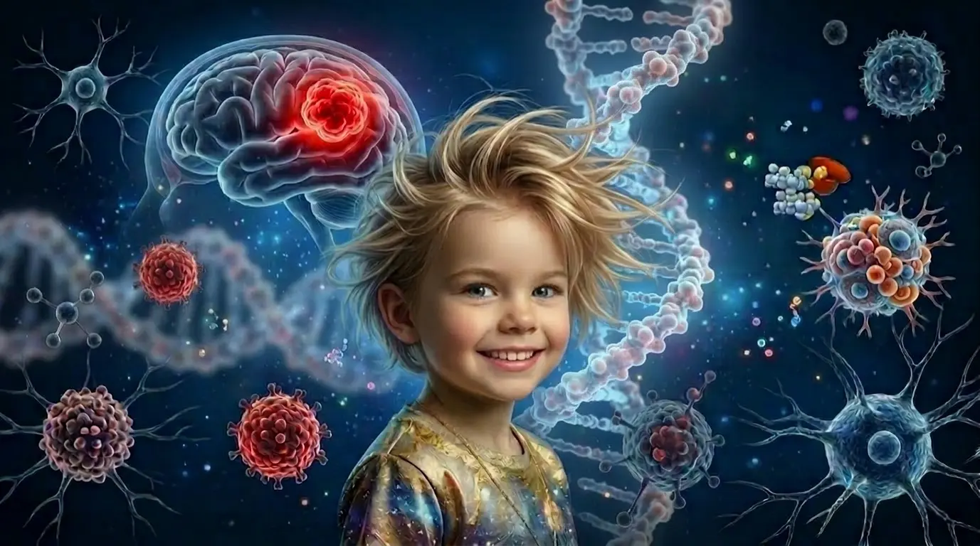 A detailed scientific illustration of a smiling child, featuring a glowing brain tumor diagram, surrounding immune cells, neurons, and DNA molecules, representing new research into Childhood Brain Tumors reprogram skull bone marrow to escape immunity and therapeutic hope.