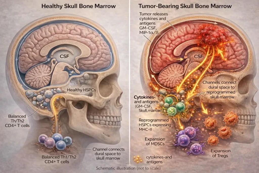 Side-by-side illustration showing how childhood brain tumors send signals through cerebrospinal fluid to reprogram skull bone marrow, promoting immunosuppressive cells compared to a healthy state.