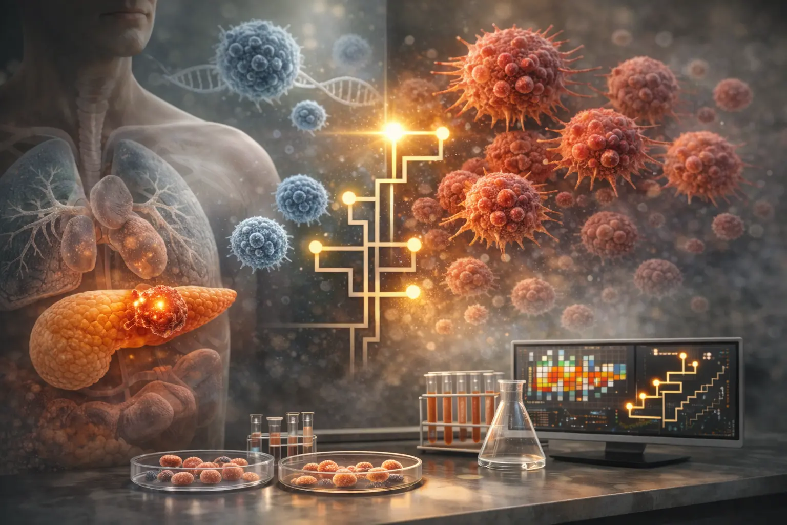 Realistic digital illustration of pancreatic cancer evolution showing a human pancreas with a tumor, individual cancer cells, DNA strands, and genetic diversity, highlighting single-cell analysis, KRAS and BRCA2 mutations, TGF-β pathway alterations, and tumor heterogeneity at single-cell resolution.