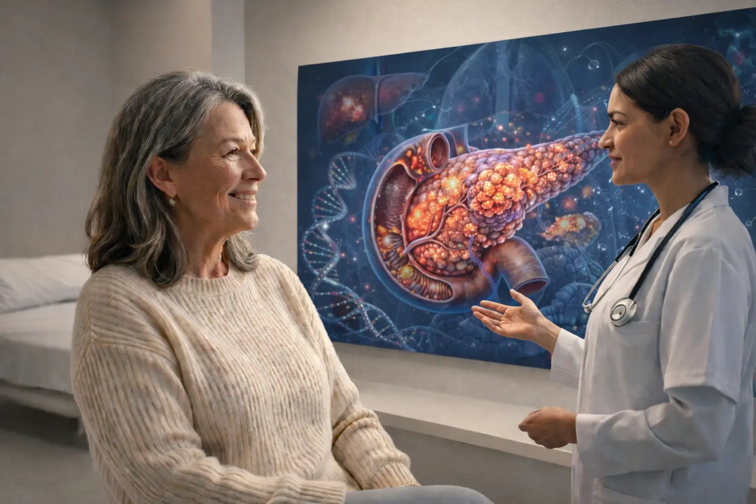Smiling patient consulting with a doctor while reviewing a medical illustration explaining Stage 4 Pancreatic Cancer and tumor spread in a clinical setting.