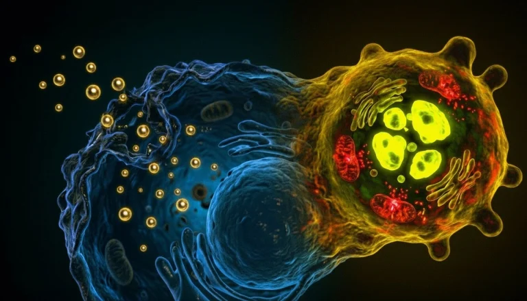 A scientific illustration showing silver nanoparticles being taken up by a cancer cell on the left and causing internal cellular decay, DNA strand breakage, and nuclear fragmentation on the right, visualizing the mechanisms discussed in the article.
