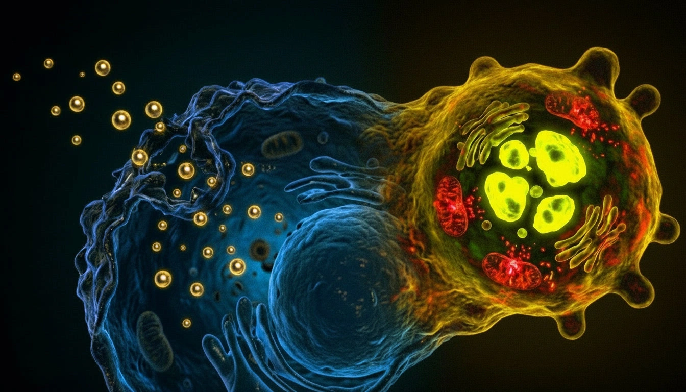 A scientific illustration showing silver nanoparticles being taken up by a cancer cell on the left and causing internal cellular decay, DNA strand breakage, and nuclear fragmentation on the right, visualizing the mechanisms discussed in the article.