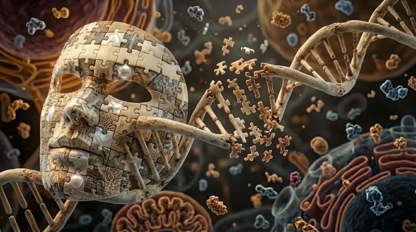 Epistasis in genetics illustrated by a puzzle-piece face and DNA helix, representing how one gene can influence or mask the expression of another gene.