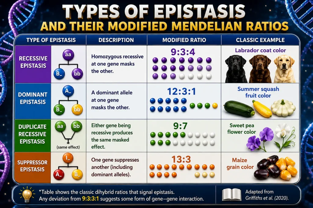 Types of epistasis infographic showing how gene interactions modify Mendelian inheritance ratios, including recessive, dominant, duplicate recessive, and suppressor epistasis with classic examples.