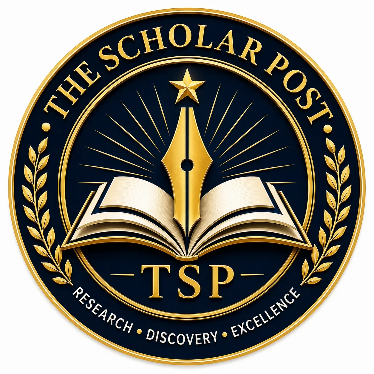The Scholar Post official logo featuring a gold star, fountain pen, open book, laurel branches, and the motto "Research • Discovery • Excellence," symbolizing research-informed education, scholarly publishing, and academic excellence.