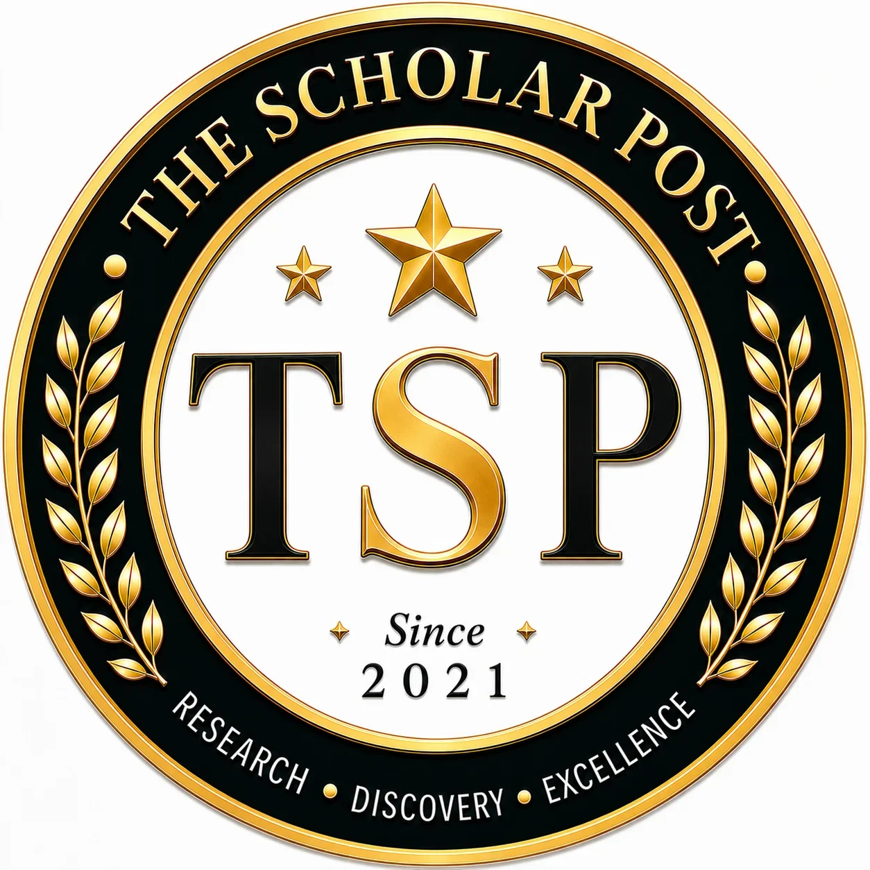 The Scholar Post official logo featuring a premium circular academic seal with gold laurel branches, a three-star emblem, a black and gold TSP monogram, and the motto "Research • Discovery • Excellence" on a white background.