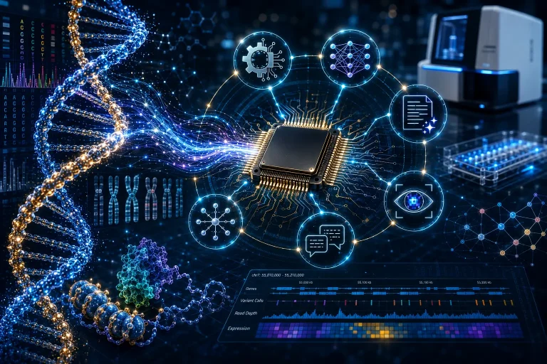 AI in genomic medicine illustration showing a DNA double helix transforming into an AI processor connected to machine learning, deep learning, natural language processing, computer vision, large language models, foundation models, genome sequencing, protein structures, and genomic data analysis.