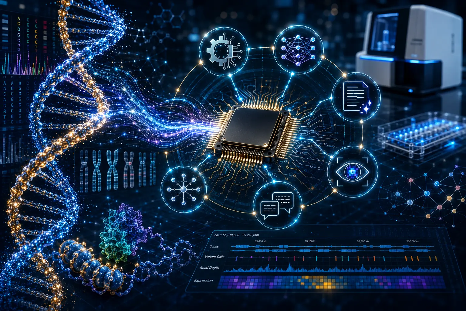 AI in genomic medicine illustration showing a DNA double helix transforming into an AI processor connected to machine learning, deep learning, natural language processing, computer vision, large language models, foundation models, genome sequencing, protein structures, and genomic data analysis.