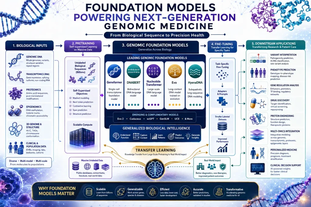 Scientific illustration showing a central transformer architecture connected to five foundation models feeding into diverse clinical applications including variant interpretation, phenotype prediction, drug discovery, and personalized medicine.