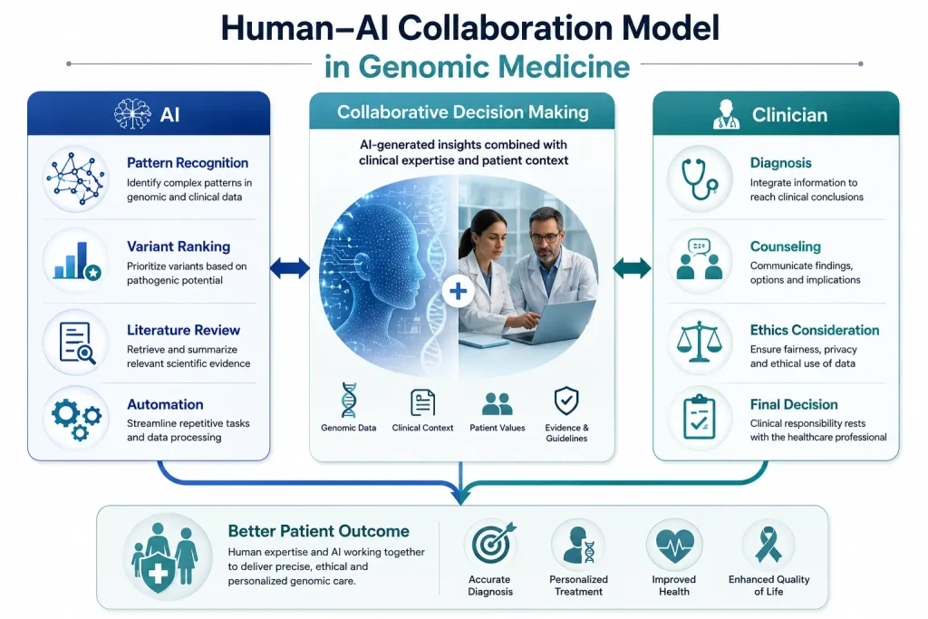 Split diagram showing AI capabilities on the left, collaborative decision-making in the center, clinician responsibilities on the right, and better patient outcomes at the bottom.