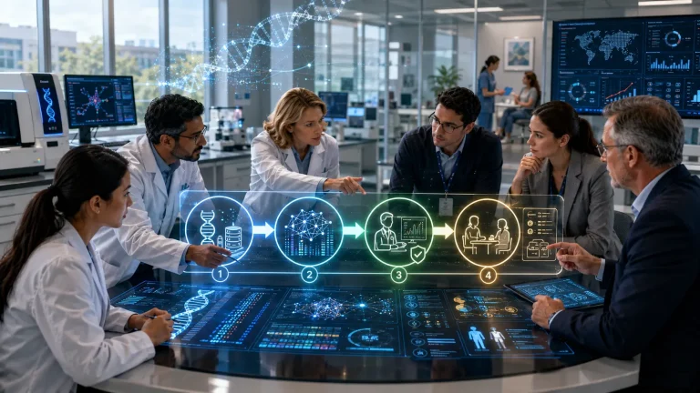 Multidisciplinary healthcare professionals collaborate around an interactive four-stage AI workflow in a modern genomic medicine laboratory, illustrating the practical implementation of AI in genomic medicine from genomic data analysis to clinical decision support.