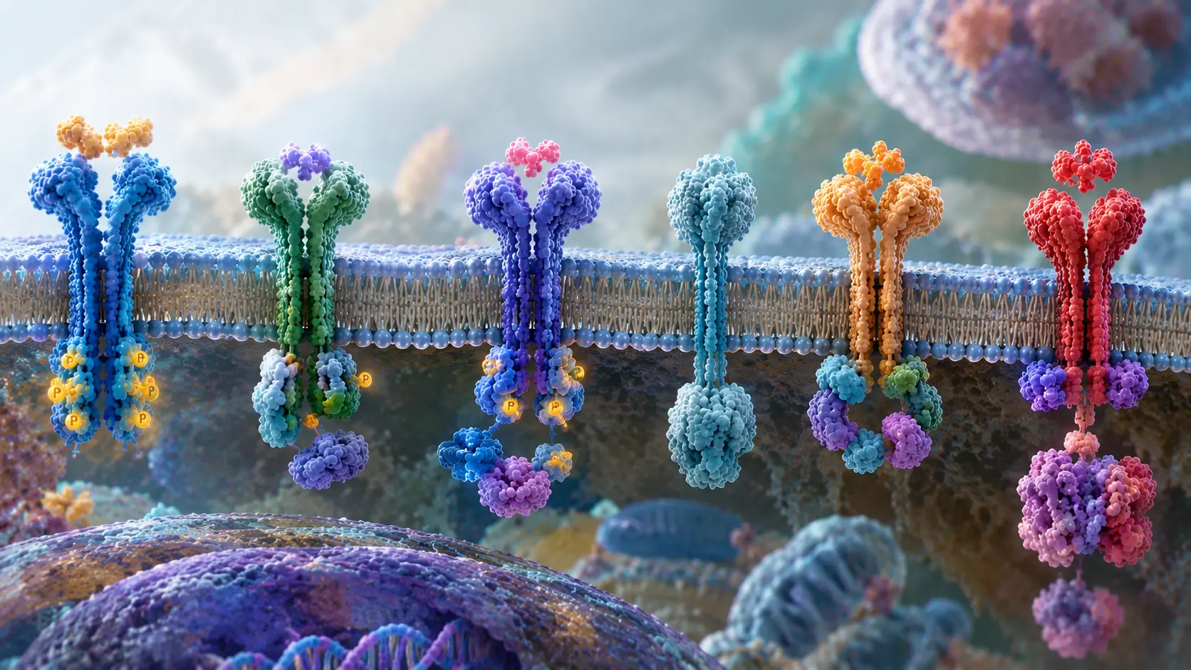 Enzyme-linked receptors and cell signaling showing membrane receptors, ligand binding, and intracellular signaling pathways.