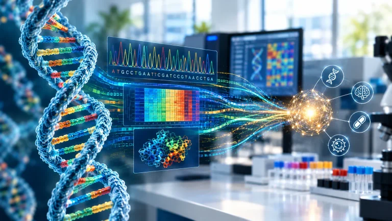 Genomic sequencing transforming DNA information into digital data for scientific discovery.