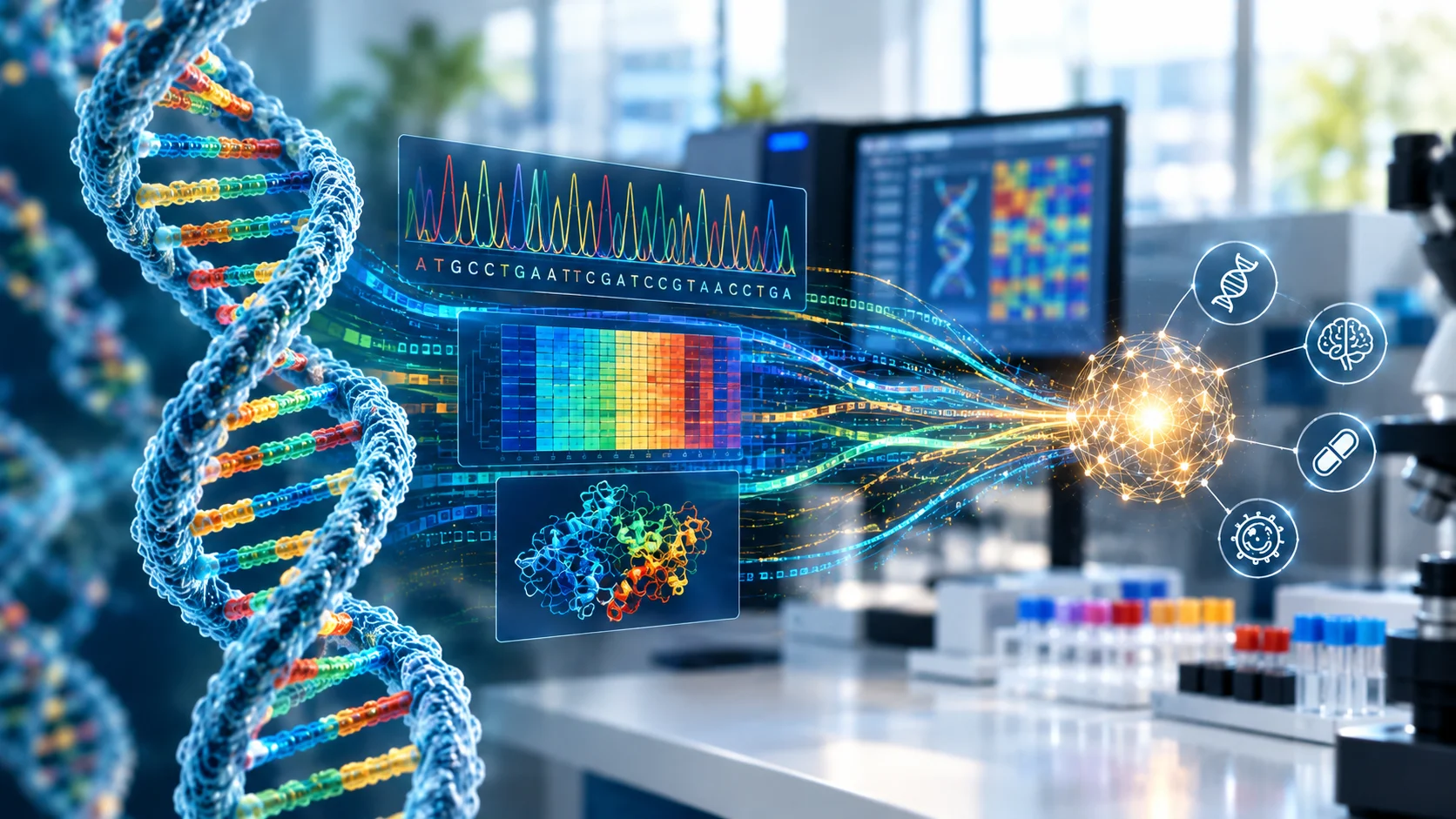 Genomic sequencing transforming DNA information into digital data for scientific discovery.