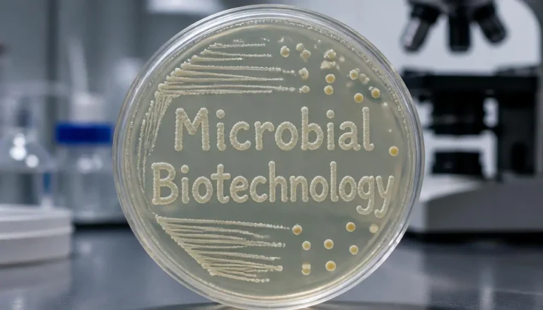 Microbial Biotechnology using bacterial colonies on a Petri plate for industrial applications.
