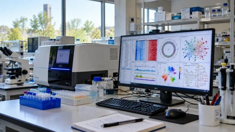 Omics technologies in a modern laboratory, where a researcher analyzes genomic, transcriptomic, proteomic, and spatial data.
